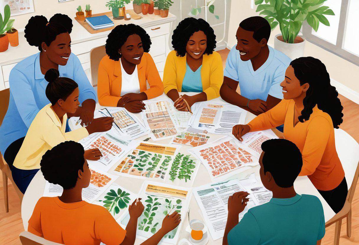 A vibrant illustration depicting a diverse family gathered around a table, engaged in an open discussion about health, support, and hope. Visual elements include medical charts, personal stories on paper, and positive imagery symbolizing survival (like plants growing). The background should be filled with warm, comforting colors representing unity and encouragement. super-realistic. warm colors. white background.