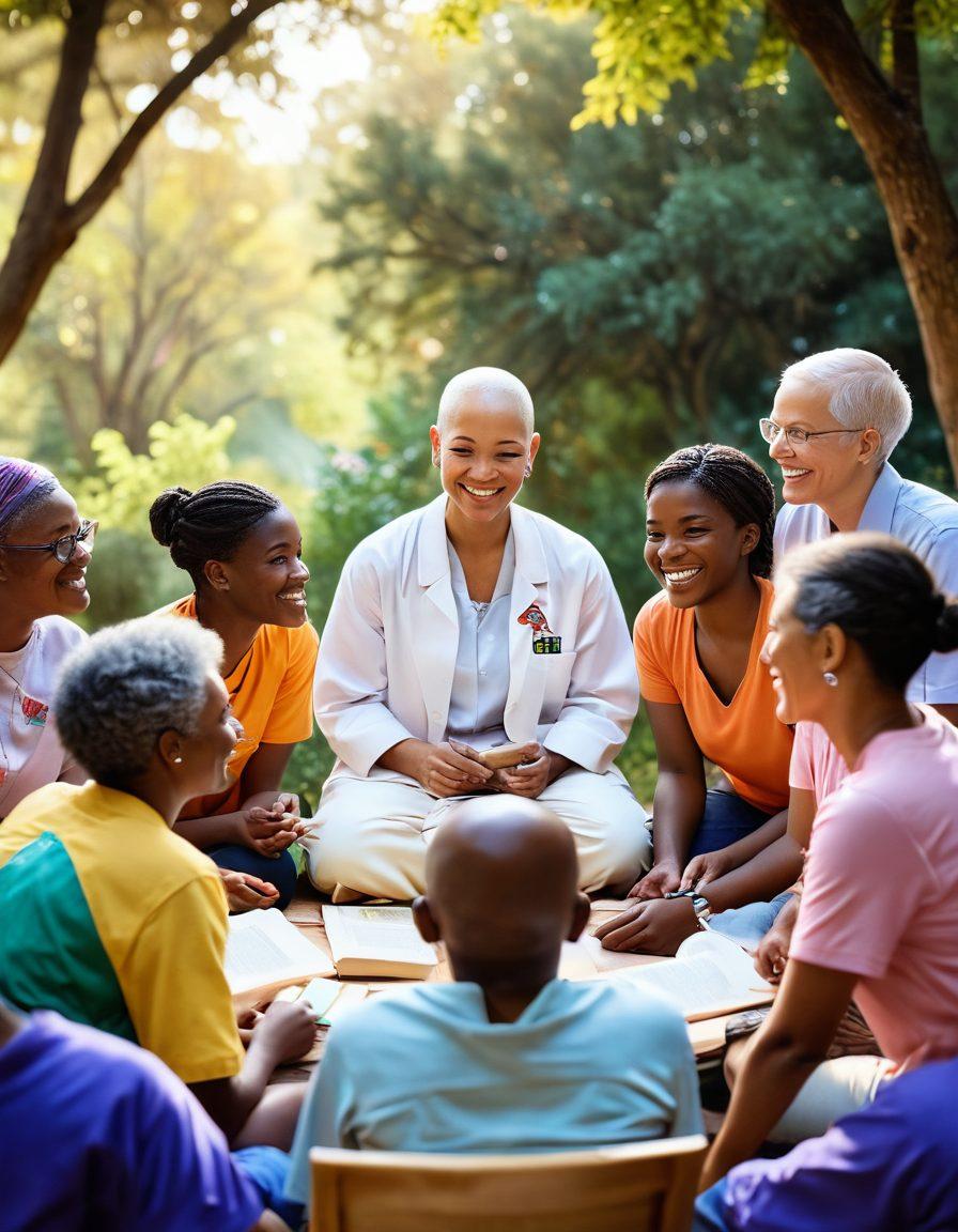 A serene scene depicting diverse individuals gathered in a supportive circle, sharing stories and laughter. In the background, symbols of advocacy and education, like books and ribbons, blend with comforting elements such as warm light and soothing nature. The atmosphere radiates hope and connection, capturing the essence of emotional care throughout cancer journeys. vibrant colors. super-realistic. soft focus.